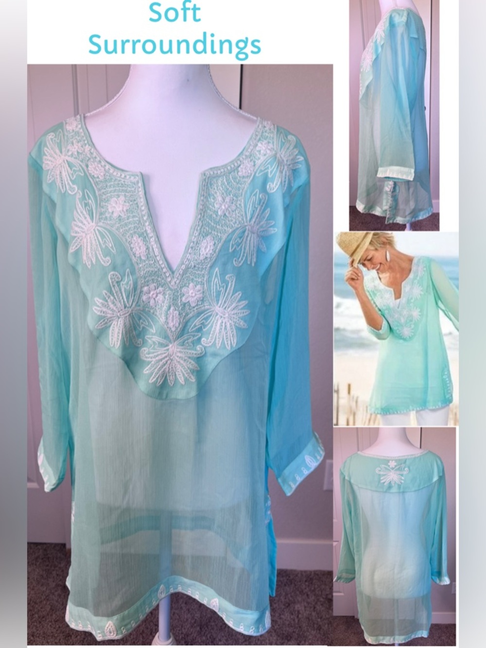 Soft Surroundings Tamara Tunic Sheer Floral Embroidery VNeck Sz Medium